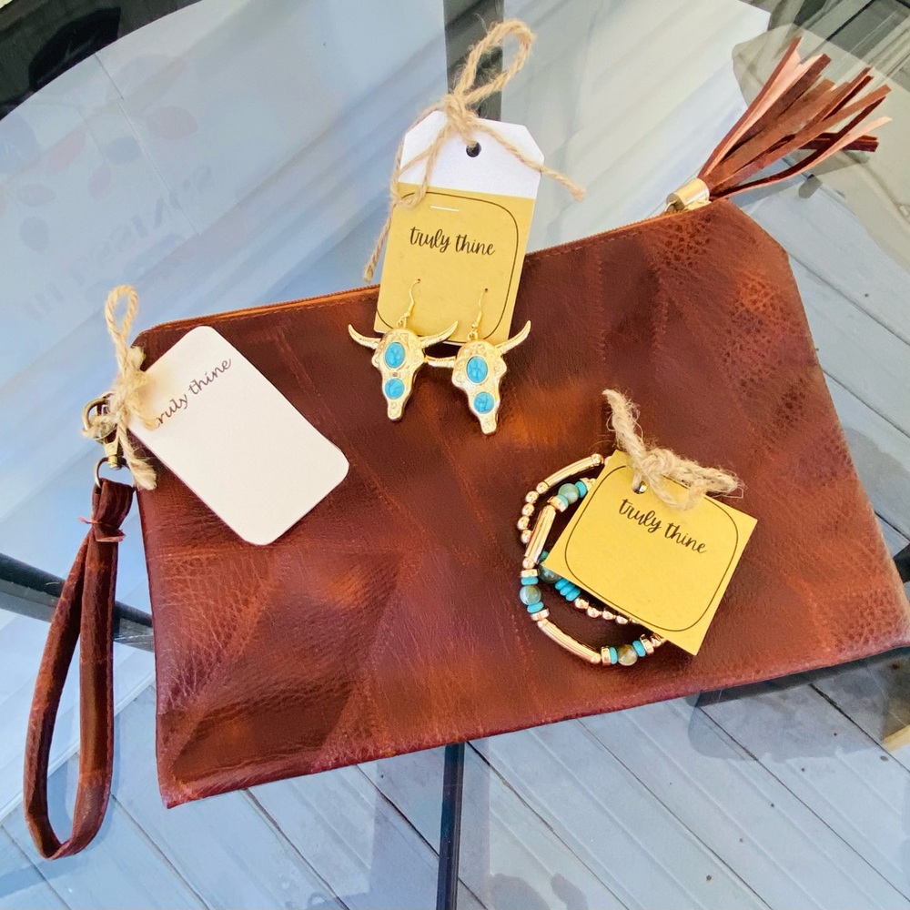 Brown Leather Wristlet Clutch
